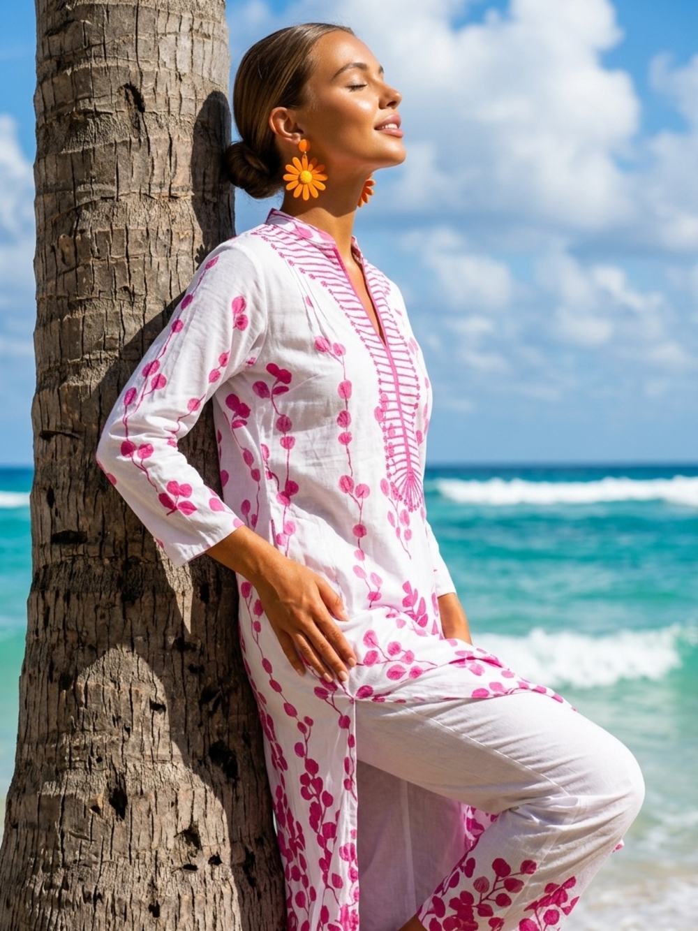 Ro's White Tunic Maxi Dress with Pink Floral Embroidery NWT (No Pants)